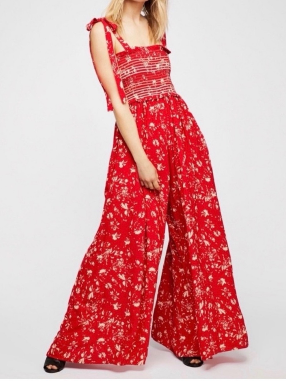 Free People Red Floral Wide-Leg Jumpsuit with Tie Straps